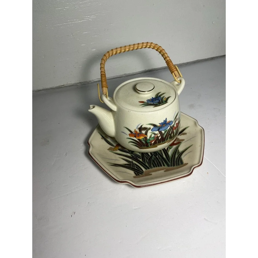 Vintage Hand Painted Floral Japanese Teapot with Plate